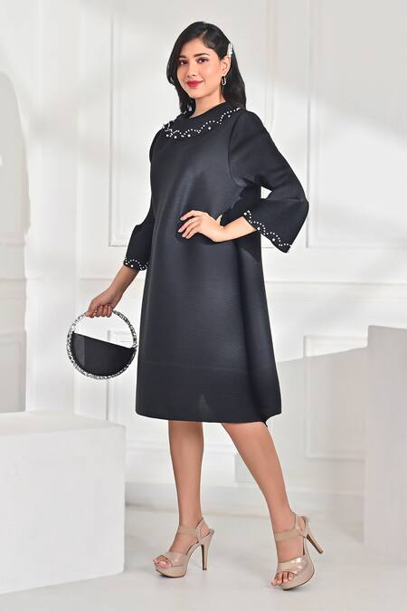 Crimp_Black Polyester Pearls Turtle Neck Tiffany Dress_Online_at_Aza_Fashions