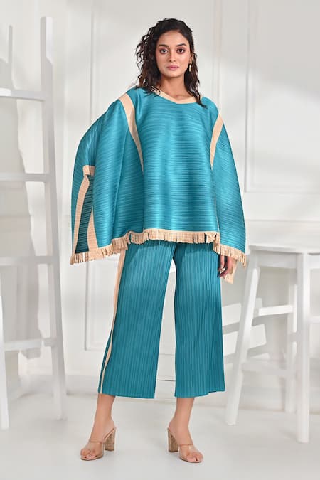 Crimp Blue 100% Polyester Pleated Textured Round Alyna Fringe Border Kaftan And Pant Set 