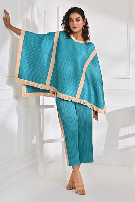 Crimp Textured Blue Kaftan & Pant Set 