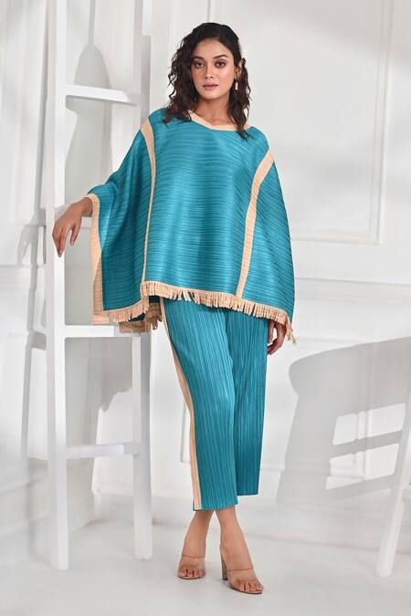 Buy_Crimp_Blue Polyester Fringe Round Neck Textured Kaftan And Pant Set _Online_at_Aza_Fashions