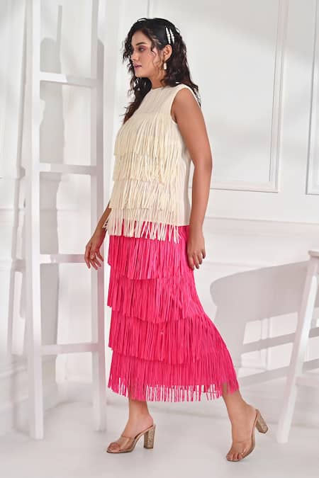 Crimp SierraM Round Neck Fringe Top & Skirt Set 