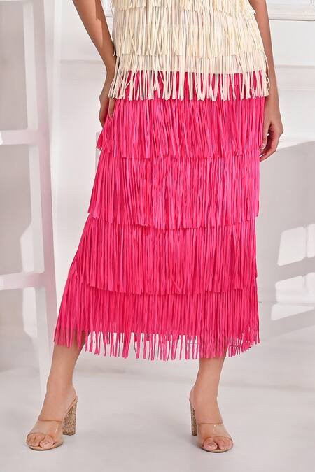 Buy_Crimp_White Polyester Fringe Round Neck Sierram Top And Skirt Set _Online_at_Aza_Fashions