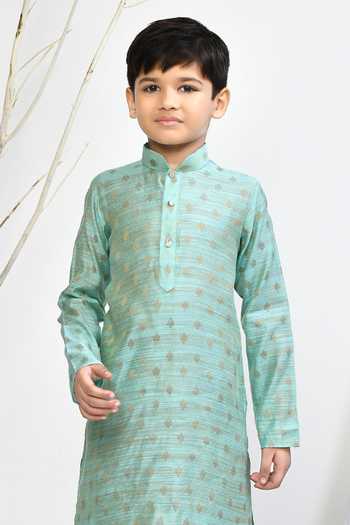 Petite Pomme Green Brocade, Silk Embroidery Floral Woven Motif Kurta Set Online at Aza Fashions Petite Pomme_Green Brocade, Silk Embroidery Floral Woven Motif Kurta Set _Online_at_Aza_Fashions