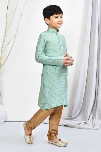 Buy_Petite Pomme_Green Brocade, Silk Embroidery Floral Woven Motif Kurta Set _Online_at_Aza_Fashions