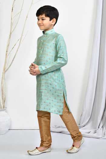 Shop_Petite Pomme_Green Brocade, Silk Embroidery Floral Woven Motif Kurta Set _Online_at_Aza_Fashions