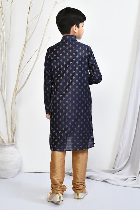 Shop_Petite Pomme_Blue Brocade, Silk Embroidery Floral Woven Motif Kurta Set _at_Aza_Fashions