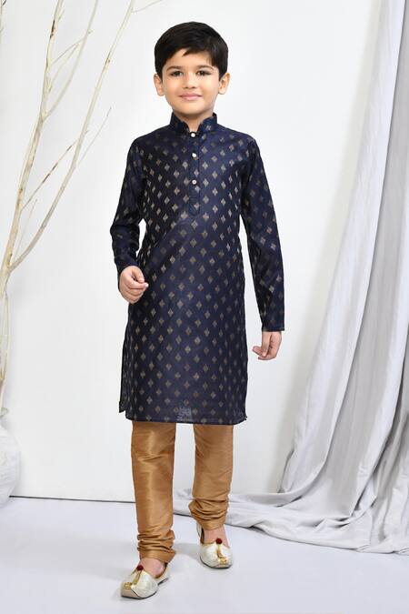 Petite Pomme_Blue Brocade, Silk Embroidery Floral Woven Motif Kurta Set _Online_at_Aza_Fashions