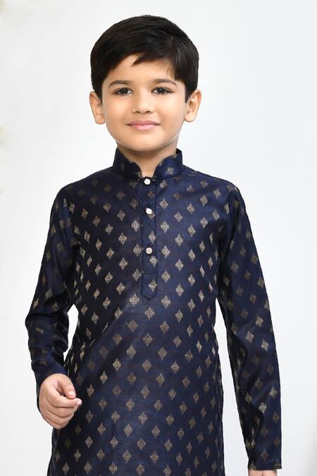 Buy Petite Pomme Blue Brocade, Silk Embroidery Floral Woven Motif Kurta Set Online at Aza Fashions Buy_Petite Pomme_Blue Brocade, Silk Embroidery Floral Woven Motif Kurta Set _Online_at_Aza_Fashions