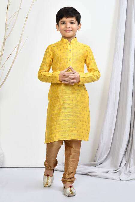 Petite Pomme_Yellow Brocade, Silk Woven Kurta Set _Online_at_Aza_Fashions