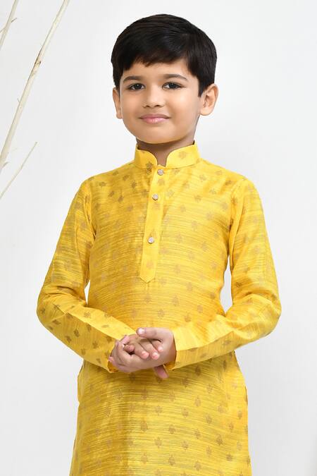 Buy_Petite Pomme_Yellow Brocade, Silk Woven Kurta Set _Online_at_Aza_Fashions