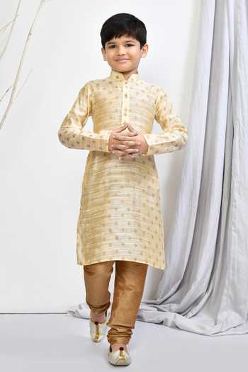 Petite Pomme_Beige Brocade, Silk Embroidery Floral Woven Kurta Set _Online_at_Aza_Fashions