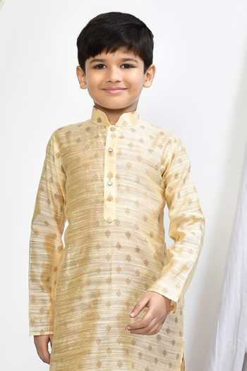 Buy_Petite Pomme_Beige Brocade, Silk Embroidery Floral Woven Kurta Set _Online_at_Aza_Fashions