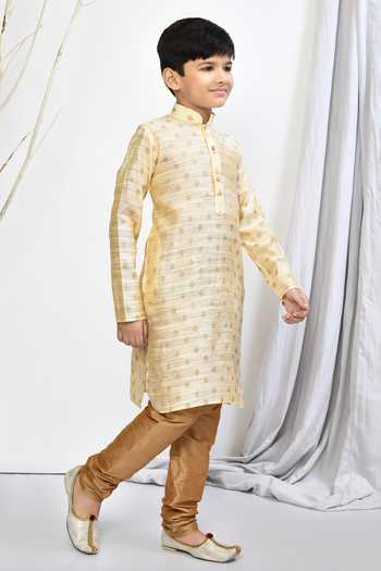 Shop_Petite Pomme_Beige Brocade, Silk Embroidery Floral Woven Kurta Set _Online_at_Aza_Fashions