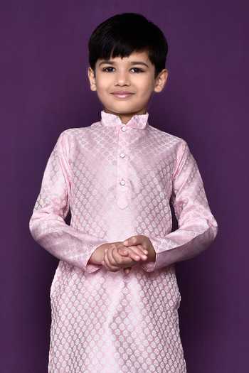 Shop Petite Pomme Pink Brocade, Chiffon, Silk Embroidery Floral Woven Pastel Kurta Set Online at Aza Fashions Shop_Petite Pomme_Pink Brocade, Chiffon, Silk Embroidery Floral Woven Pastel Kurta Set _Online_at_Aza_Fashions