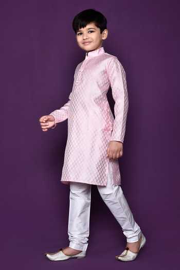 Petite Pomme_Pink Brocade, Chiffon, Silk Embroidery Floral Woven Pastel Kurta Set _at_Aza_Fashions