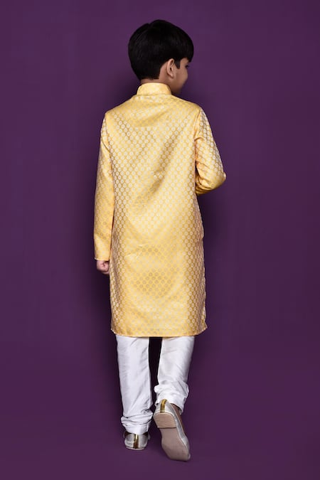 Shop_Petite Pomme_Yellow Brocade, Silk Embroidery Woven Kurta Set _at_Aza_Fashions