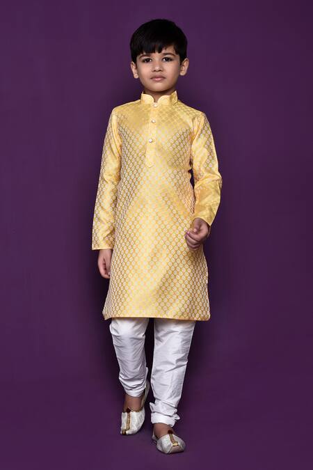 Buy_Petite Pomme_Yellow Brocade, Silk Embroidery Woven Kurta Set _Online_at_Aza_Fashions