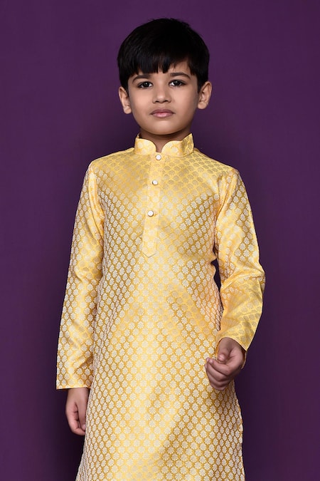 Shop Petite Pomme Yellow Brocade, Silk Embroidery Woven Kurta Set Online at Aza Fashions Shop_Petite Pomme_Yellow Brocade, Silk Embroidery Woven Kurta Set _Online_at_Aza_Fashions