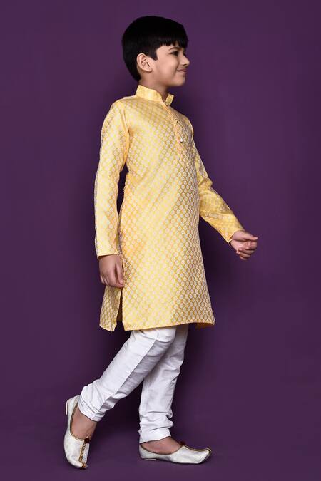 Petite Pomme_Yellow Brocade, Silk Embroidery Woven Kurta Set _at_Aza_Fashions