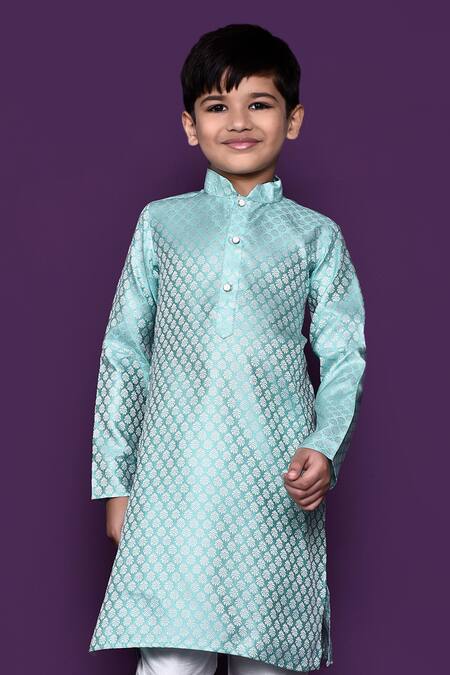 Buy_Petite Pomme_Blue Brocade, Silk, Embroidery Flower Woven Kurta Set_Online_at_Aza_Fashions