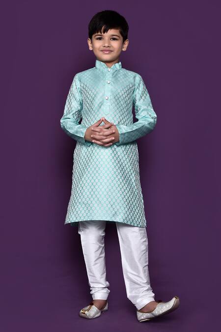 Shop_Petite Pomme_Blue Brocade, Silk, Embroidery Flower Woven Kurta Set_Online_at_Aza_Fashions