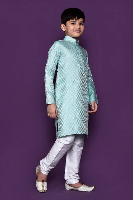 Petite Pomme_Blue Brocade, Silk, Embroidery Flower Woven Kurta Set_at_Aza_Fashions