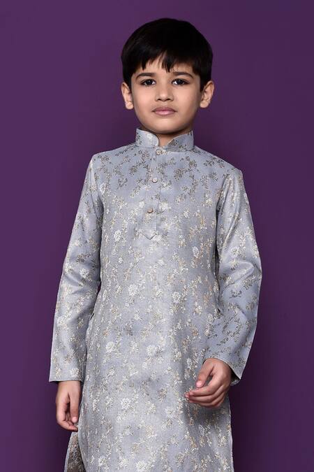 Shop Petite Pomme Grey Brocade, Chiffon, Silk Embroidery Floral Pattern Kurta Set Online at Aza Fashions Shop_Petite Pomme_Grey Brocade, Chiffon, Silk Embroidery Floral Pattern Kurta Set _Online_at_Aza_Fashions