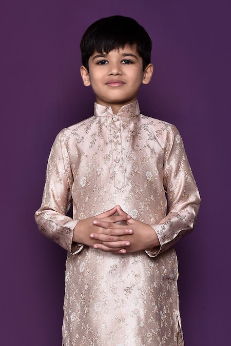 Buy Petite Pomme Peach Brocade, Silk Embroidery Floral Pattern Kurta Set Online at Aza Fashions Buy_Petite Pomme_Peach Brocade, Silk Embroidery Floral Pattern Kurta Set _Online_at_Aza_Fashions