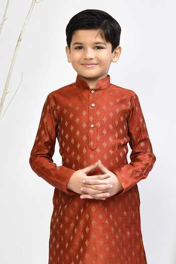 Buy_Petite Pomme_Orange Brocade, Silk Floral Woven Kurta Set _Online_at_Aza_Fashions