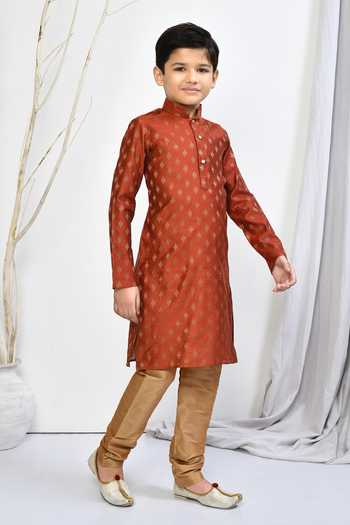 Shop_Petite Pomme_Orange Brocade, Silk Floral Woven Kurta Set _Online_at_Aza_Fashions
