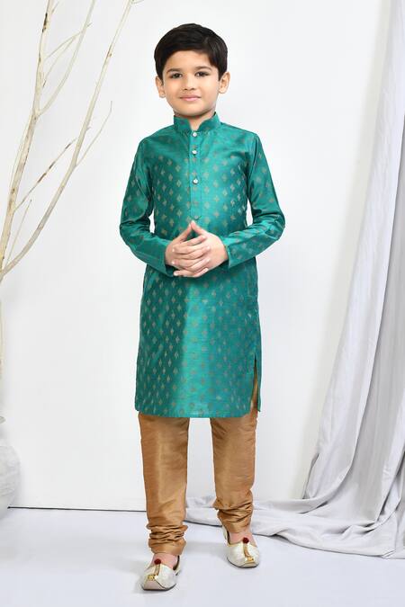 Petite Pomme_Green Brocade, Silk Floral Motif Straight Kurta Set _Online_at_Aza_Fashions
