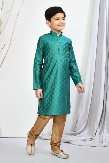 Shop_Petite Pomme_Green Brocade, Silk Floral Motif Straight Kurta Set _Online_at_Aza_Fashions