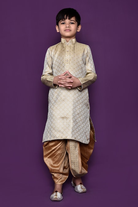 Petite Pomme_Gold Brocade, Silk Embroidery Geometric Woven Pattern Kurta And Dhoti Pant Set _Online_at_Aza_Fashions