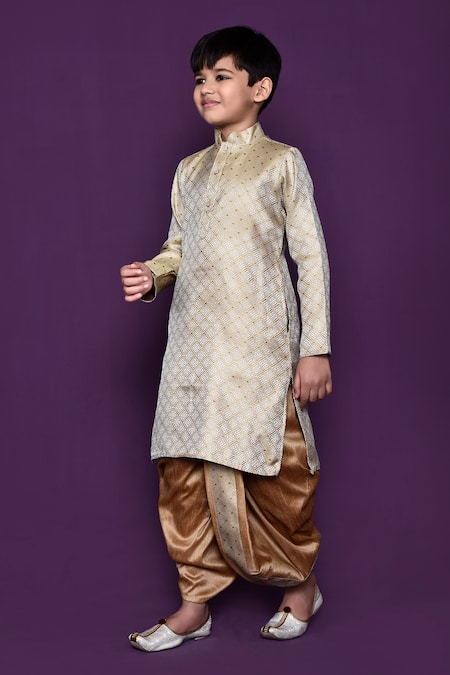 Shop_Petite Pomme_Gold Brocade, Silk Embroidery Geometric Woven Pattern Kurta And Dhoti Pant Set _Online_at_Aza_Fashions