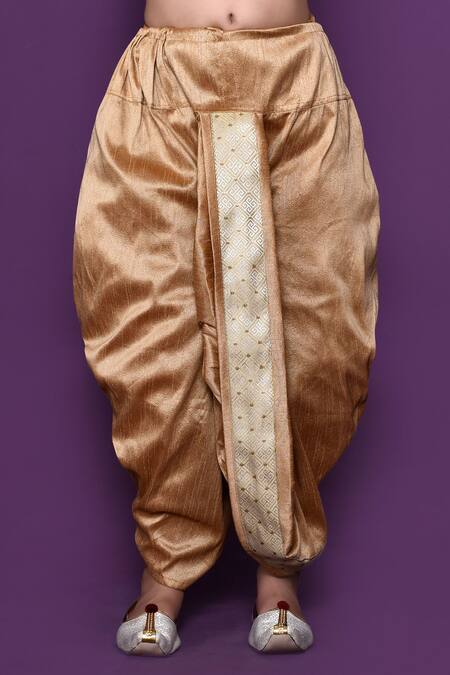 Petite Pomme_Gold Brocade, Silk Embroidery Geometric Woven Pattern Kurta And Dhoti Pant Set _at_Aza_Fashions