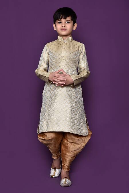 Buy_Petite Pomme_Gold Brocade, Silk Geometric Woven Pattern Kurta And Patiala Pant Set_Online_at_Aza_Fashions