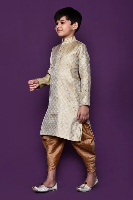 Petite Pomme_Gold Brocade, Silk Geometric Woven Pattern Kurta And Patiala Pant Set_at_Aza_Fashions