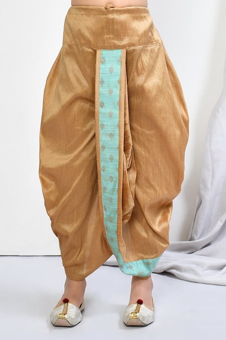 Petite Pomme_Green Brocade, Silk Embroidery Floral Woven Motif Kurta Dhoti Pant Set _Online_at_Aza_Fashions