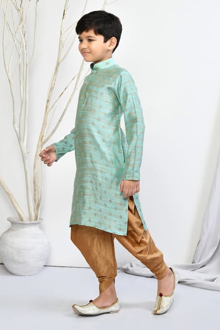 Petite Pomme_Green Brocade, Silk Floral Woven Motif Kurta And Patiala Pant Set _at_Aza_Fashions