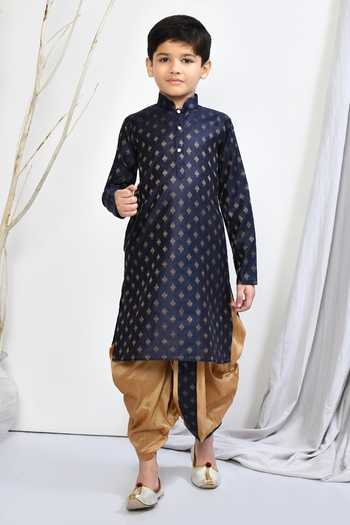 Buy_Petite Pomme_Blue Brocade Embroidery, Zari Floral Woven Motif Kurta Dhoti Pant Set _Online_at_Aza_Fashions