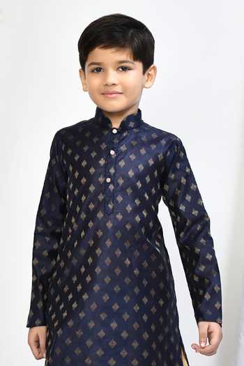 Shop Petite Pomme Blue Brocade Embroidery, Zari Floral Woven Motif Kurta Dhoti Pant Set Online at Aza Fashions Shop_Petite Pomme_Blue Brocade Embroidery, Zari Floral Woven Motif Kurta Dhoti Pant Set _Online_at_Aza_Fashions