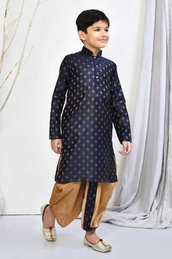 Petite Pomme_Blue Brocade Embroidery, Zari Floral Woven Motif Kurta Dhoti Pant Set _at_Aza_Fashions