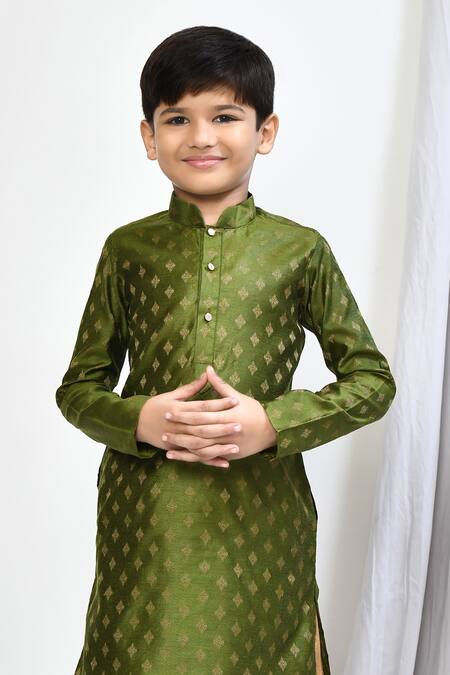 Petite Pomme Green Brocade Embroidery Woven Floral Motif Kurta Dhoti Pant Set Online at Aza Fashions Petite Pomme_Green Brocade Embroidery Woven Floral Motif Kurta Dhoti Pant Set_Online_at_Aza_Fashions