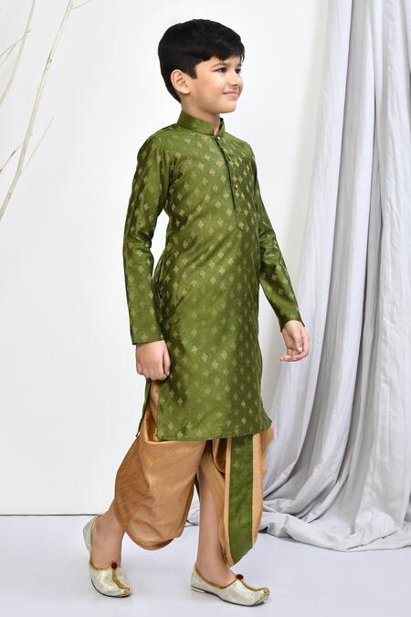 Shop_Petite Pomme_Green Brocade Embroidery Woven Floral Motif Kurta Dhoti Pant Set_Online_at_Aza_Fashions