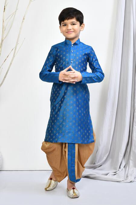 Buy_Petite Pomme_Blue Brocade Embroidery Woven Floral Motif Kurta Dhoti Pant Set _Online_at_Aza_Fashions