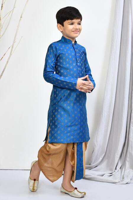 Petite Pomme_Blue Brocade Embroidery Woven Floral Motif Kurta Dhoti Pant Set _at_Aza_Fashions