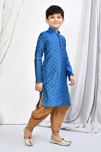 Petite Pomme_Blue Brocade, Silk Embroidery Woven Floral Motif Kurta Patiala Pant Set _at_Aza_Fashions
