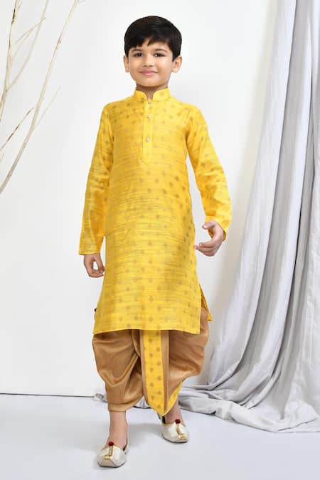 Petite Pomme Yellow Brocade Embroidery Woven Kurta Dhoti Pant Set 