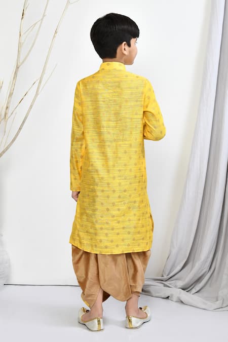 Shop_Petite Pomme_Yellow Brocade Embroidery Woven Kurta Dhoti Pant Set _at_Aza_Fashions