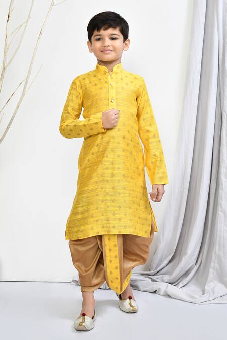 Buy Petite Pomme Yellow Brocade Embroidery Woven Kurta Dhoti Pant Set Online at Aza Fashions Buy_Petite Pomme_Yellow Brocade Embroidery Woven Kurta Dhoti Pant Set _Online_at_Aza_Fashions